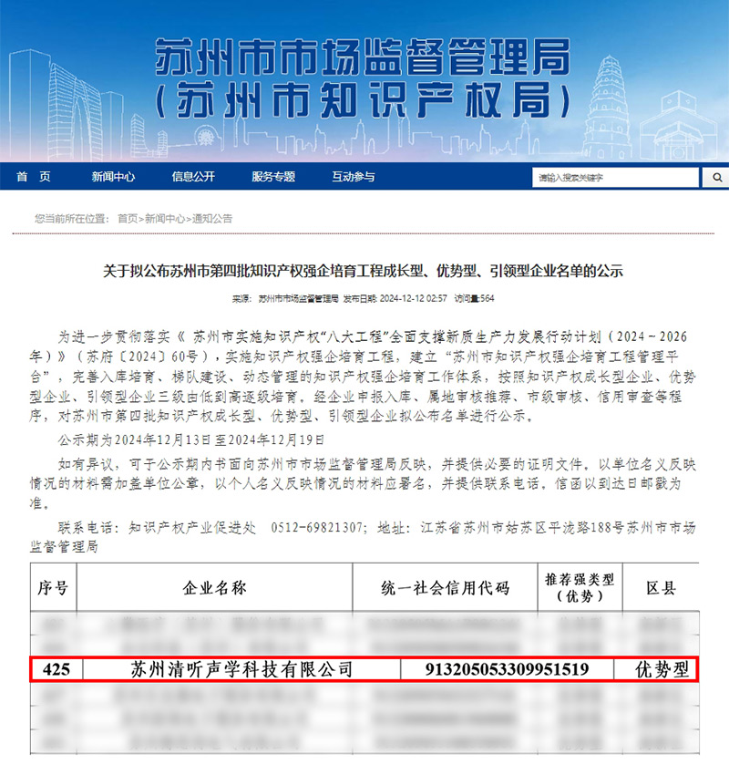 清聽聲學(xué)憑借卓越的知識(shí)產(chǎn)權(quán)管理與創(chuàng)新能力，成功入選“優(yōu)勢(shì)型企業(yè)”。