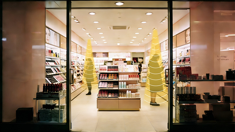 美妝店安裝定向揚(yáng)聲器，定向發(fā)聲示意圖